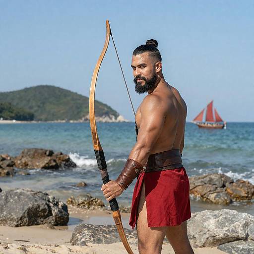 Muscular Archer on Rocky Beach Scene