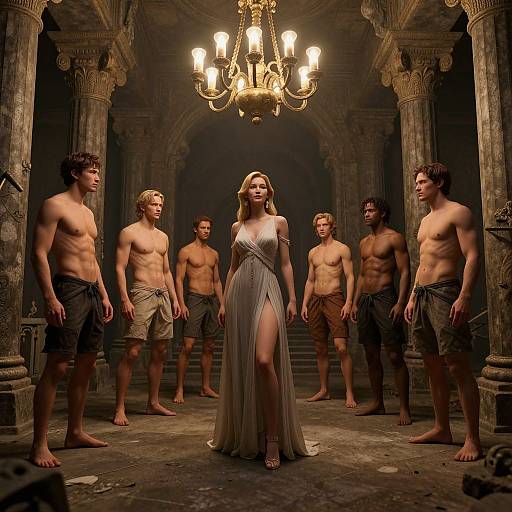 Photograph-style CGI: A blonde woman in a sheer, silver gown stands center in a dim, ancient temple, surrounded by six muscular, shirtless