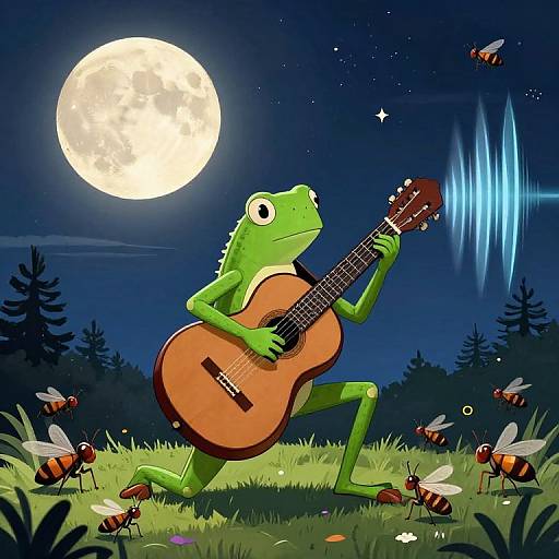 Digital illustration: Green frog playing guitar under bright full moon, surrounded by buzzing bees in a starry night forest.