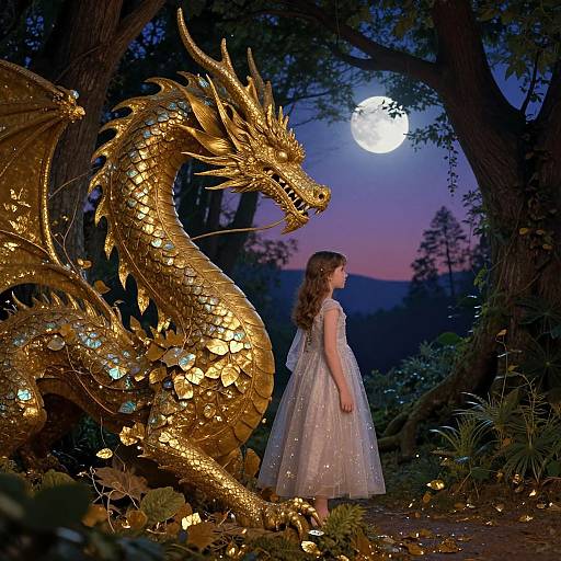 Photograph of a young girl in a shimmering white dress, standing beside a glowing, golden dragon under a moonlit forest sky.