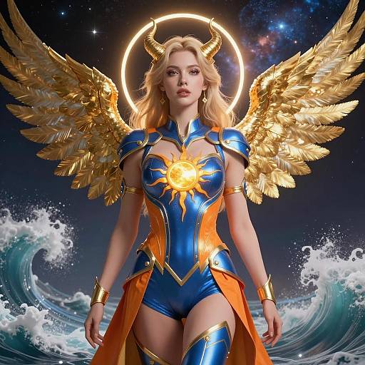 Futuristic Angelic Woman with Golden Wings
