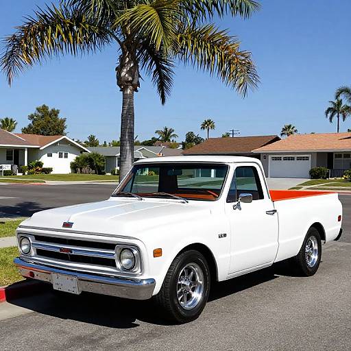 Photograph of a white vintage Chevrolet pickup truck with red accents parked on a sunny suburban street, palm trees, and single-story houses in the background.