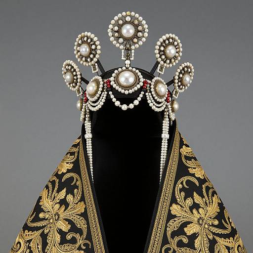 Ornate royal crown with pearl and gemstone decorations, gold floral embroidery on black velvet, displayed against a gradient gray background.