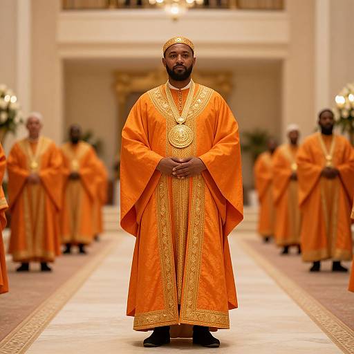 Photograph of a bearded man in an orange, gold-embroidered clerical robe, standing center stage in a brightly lit, ornate