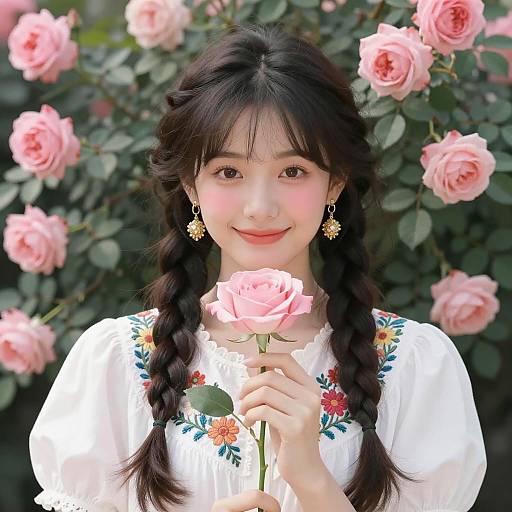 Charming Young Woman with Pink Rose