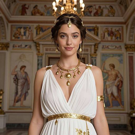 Photorealistic CGI of a beautiful woman with dark hair in an ancient Greek-style white gown, adorned with gold jewelry and headpiece, standing in an