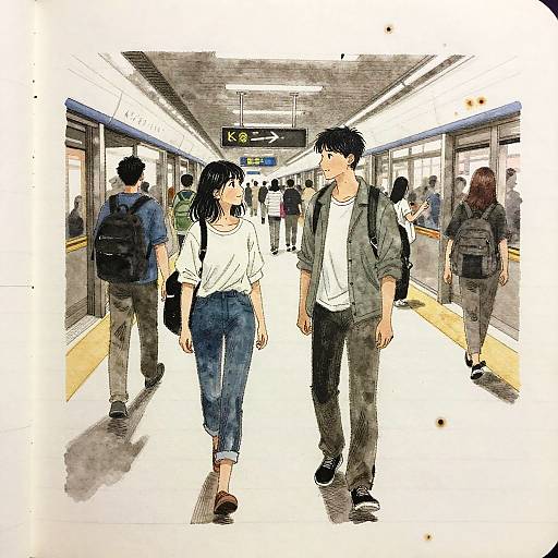 Romantic Glance on Busy Subway Platform