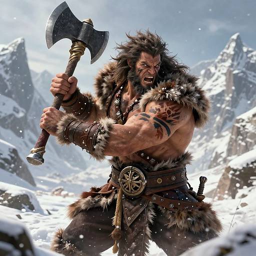 Digital art of a fierce, muscular barbarian with fur garments, tattoos, and an axe, standing in a snowy mountainous landscape.