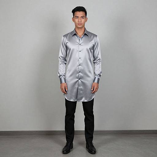 Photograph of a young man with short black hair, wearing a shiny silver satin shirt, black pants, and black shoes, standing against a plain gray