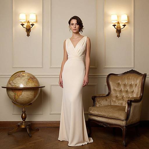 Photograph of a brunette woman in a white, sleeveless, V-neck gown standing in an elegant room with a globe, antique chair, and wall