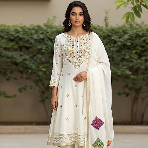 Elegant Ethnic Woman in Embroidered Frock with Dupatta