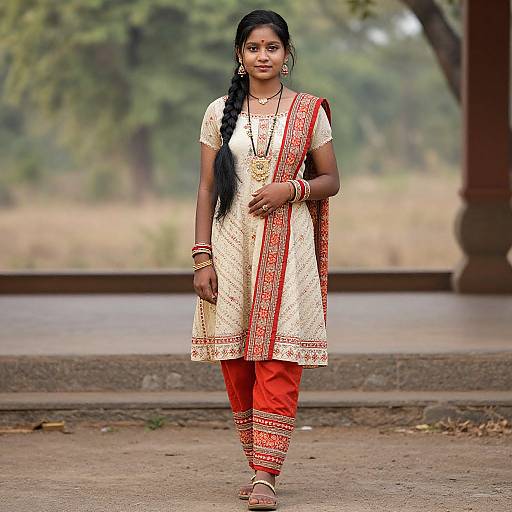 Photograph of a young Indian woman with dark skin and long black braided hair, wearing a cream and red traditional dress, standing outdoors on a stone