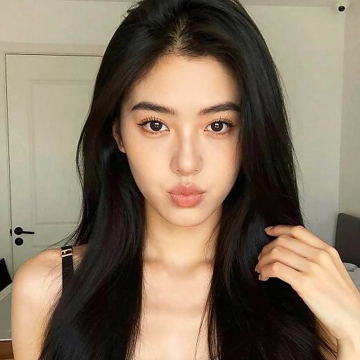 Photograph of a young Asian woman with long black hair, fair skin, and brown eyes, wearing a black strap top, looking directly at the camera