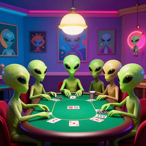 CGI image of six green-skinned aliens with large black eyes playing poker around a green table in a neon-lit room.
