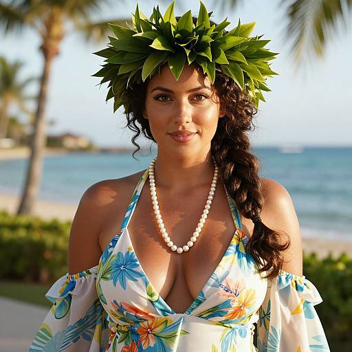 Photograph of a woman with dark curly hair wearing a green leaf crown, white pearl necklace, and a floral bikini top, standing on a sunny beach