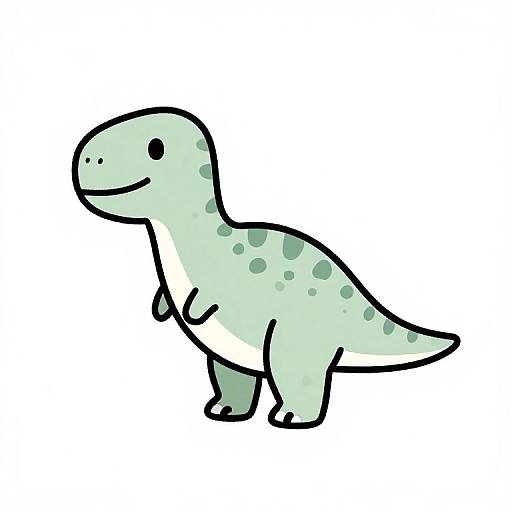 Cute, cartoon-style, light green dinosaur with darker green spots, simple black outline, and smiling expression, standing on two legs. Digital drawing.