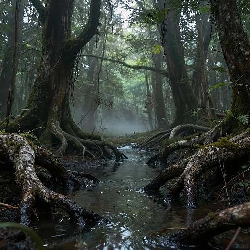 Eerie Dark Swamp with Twisted Roots