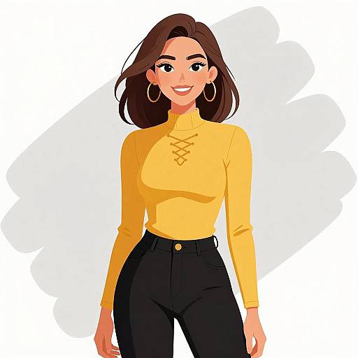 Digital illustration of a smiling woman with brown hair, wearing a yellow long-sleeve top, black high-waisted pants, and large hoop earrings
