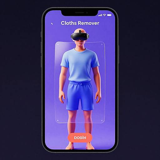 Photograph of a smartphone screen displaying a man in a blue virtual reality outfit, wearing a VR headset, against a purple background with 