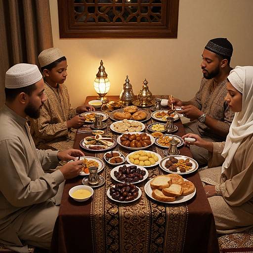 Photograph of four Muslim family members, wearing traditional attire, sharing a warm, illuminated Iftar meal with diverse dishes on a patterned tablecloth.