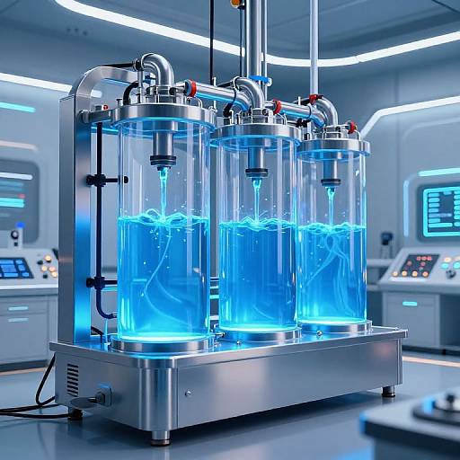 Photograph of three glowing blue liquid-filled cylindrical reactors with metal piping, set in a futuristic, well-lit laboratory with sleek, white control panels.