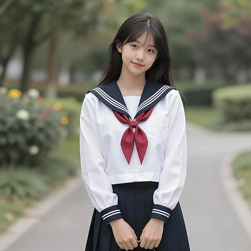 Asian Teenage Girl in Sailor Uniform Outdoors