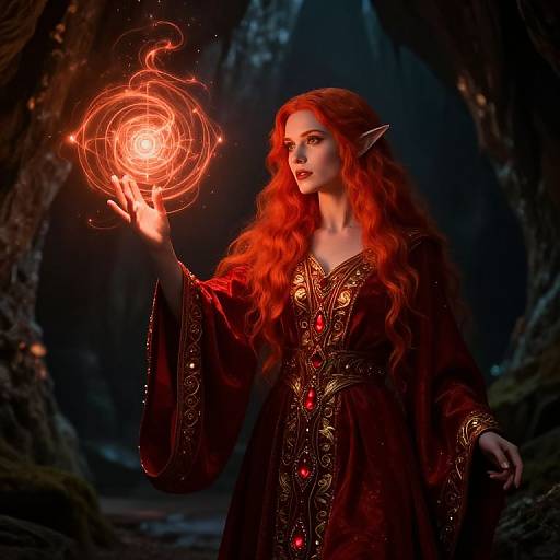 Digital fantasy artwork of a red-haired elf woman with pointed ears, wearing an ornate black dress, conjuring a glowing, fiery orb in a dark