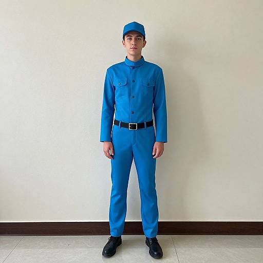 Photograph of a young man standing against a plain white wall, wearing a bright blue uniform with a matching cap, black belt, and black shoes,