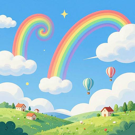 Surreal Rainbow Sky Over Green Hills