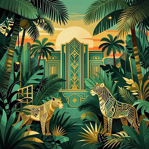 Vibrant digital illustration of a jungle sunset with geometric palm trees, a golden zebra, and a patterned cheetah, standing before an