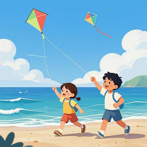 Illustration of two children flying colorful kites on a sunny beach, with blue ocean waves and clear skies in the background.