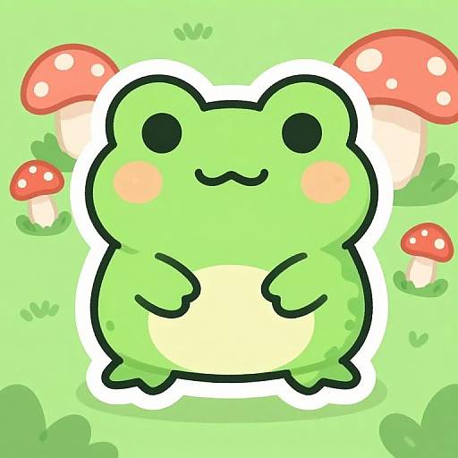 Cute, chibi-style, green frog with blushing cheeks and a simple smile, standing on two legs, surrounded by red mushrooms on a light