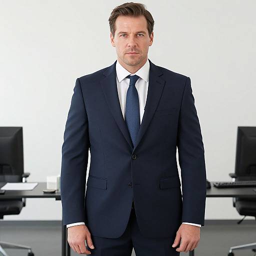 Photograph of a handsome, light-skinned man with short brown hair, wearing a black suit, white shirt, and blue tie, standing in a
