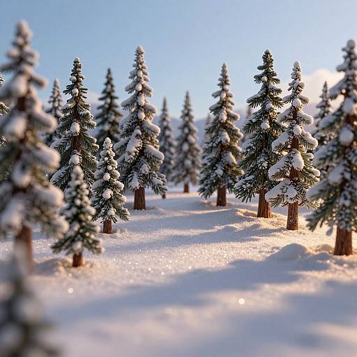 Miniature Snowy Forest Model at Golden Hour