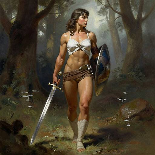 Digital painting of a muscular, dark-haired woman in a white bra, brown shorts, and bandaged foot, holding a sword and shield, walking through