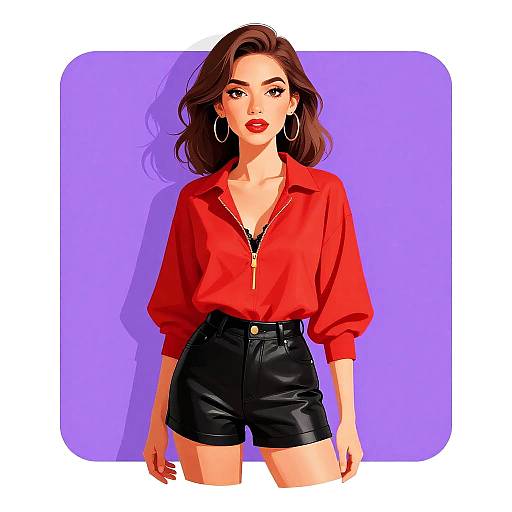 Stylish Woman in Red Blouse and Black Shorts