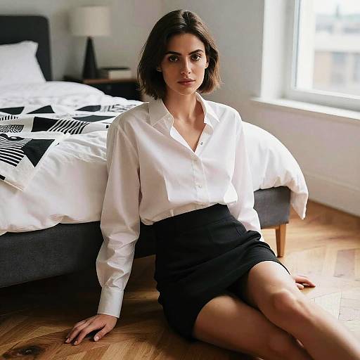 Photograph of a young woman with medium-length brown hair, wearing a white button-up shirt and black skirt, sitting on a wooden floor beside a bed