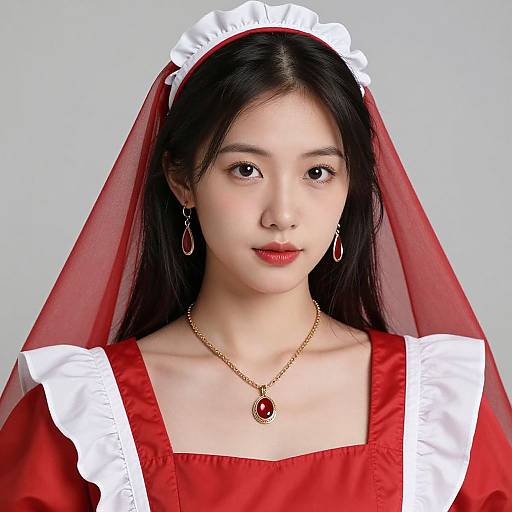 Photograph of an East Asian woman with fair skin, black hair, red dress with white trim, red veil, gold necklace, and red earrings,