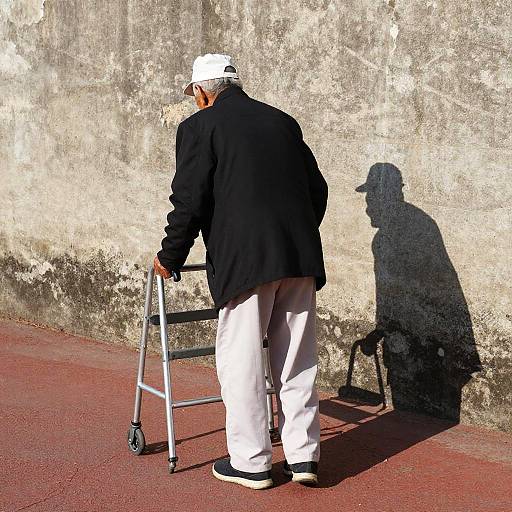 Photograph of elderly man with white cap, black jacket, white pants, and black shoes, using a walker against a textured, sunlit concrete wall