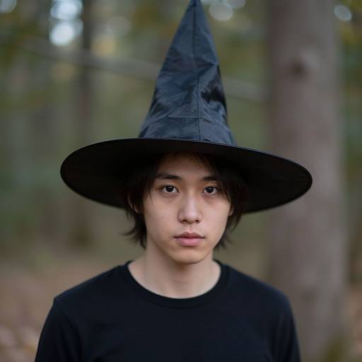 Photograph of an Asian young man with medium-length black hair, wearing a large black witch hat and black shirt, standing in a blurred forest background.