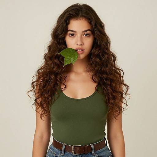 Photograph of a young woman with long, wavy brown hair, wearing a green tank top and blue jeans, holding a green leaf in her mouth