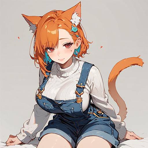 Anime Cat Girl in Overalls Sitting
