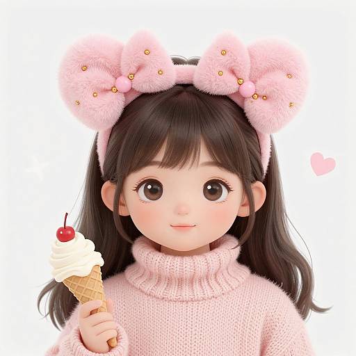 Digital illustration of a cute Asian girl with black hair, pink fuzzy bow headband, holding an ice cream cone with a cherry, wearing a pink t