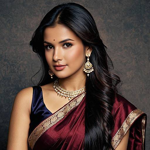 Woman in Dark Maroon Saree with Jewelry