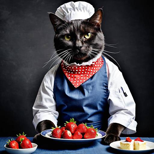 Cat Chef with Strawberries and Cake