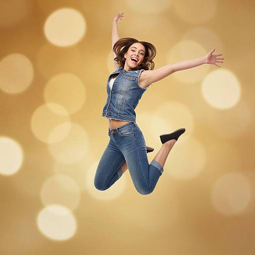 Joyful Woman Leaping with Golden Bokeh