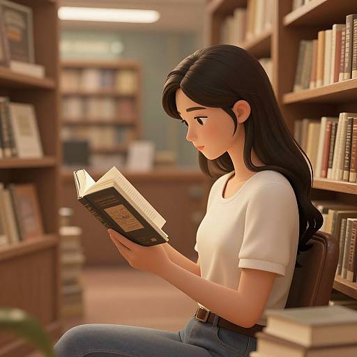 Digital illustration of a young woman with long black hair, wearing a white t-shirt and blue jeans, sitting in a library, reading a book. Warm