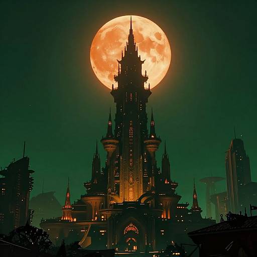 Futuristic Tower Under Orange Moon