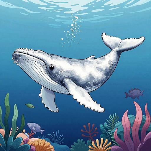 Colorful digital illustration of a large white humpback whale swimming underwater, surrounded by vibrant corals, fish, and seaweed, with sunlight filtering