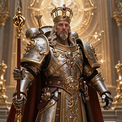 Photograph of a regal, bearded king with long gray hair, wearing ornate gold and silver armor, crown, and holding a staff,
